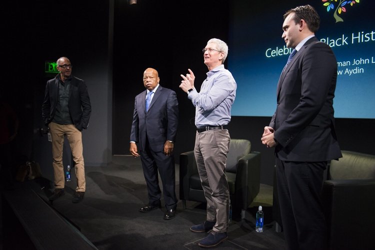 Congressman John Lewis, Tim Cook, and Andrew Aydin at Apple HQ