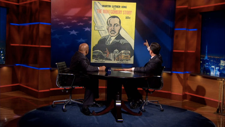 Congressman John Lewis and Stephen Colbert learn about the 1957 comic book Martin Luther King & the Montgomery Story