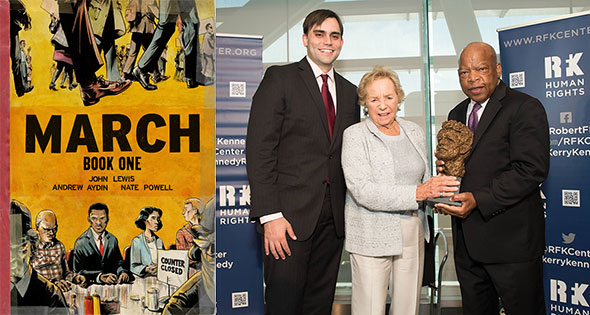 Congressman John Lewis and Andrew Aydin accepting their Robert F. Kennedy Book Award from Ethel Kennedy